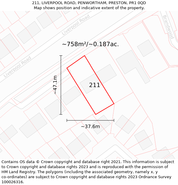 211, LIVERPOOL ROAD, PENWORTHAM, PRESTON, PR1 0QD: Plot and title map