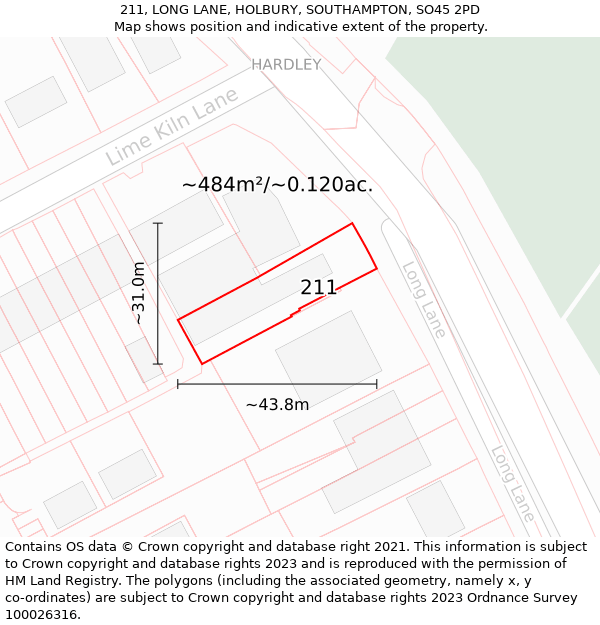 211, LONG LANE, HOLBURY, SOUTHAMPTON, SO45 2PD: Plot and title map