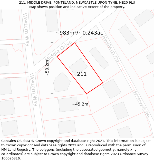 211, MIDDLE DRIVE, PONTELAND, NEWCASTLE UPON TYNE, NE20 9LU: Plot and title map