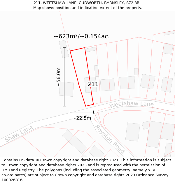 211, WEETSHAW LANE, CUDWORTH, BARNSLEY, S72 8BL: Plot and title map