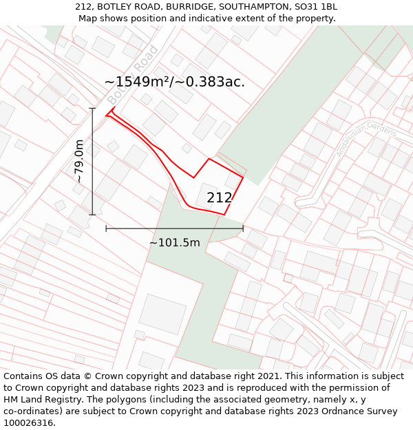 212, BOTLEY ROAD, BURRIDGE, SOUTHAMPTON, SO31 1BL: Plot and title map