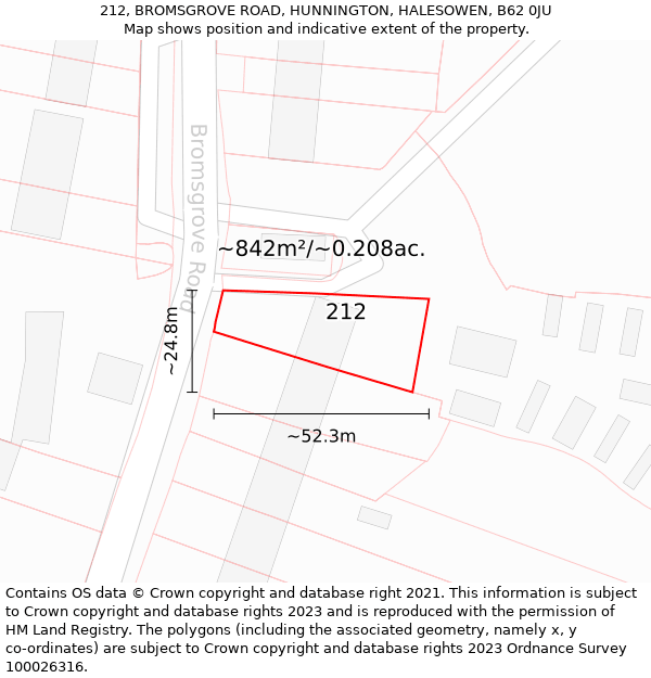 212, BROMSGROVE ROAD, HUNNINGTON, HALESOWEN, B62 0JU: Plot and title map