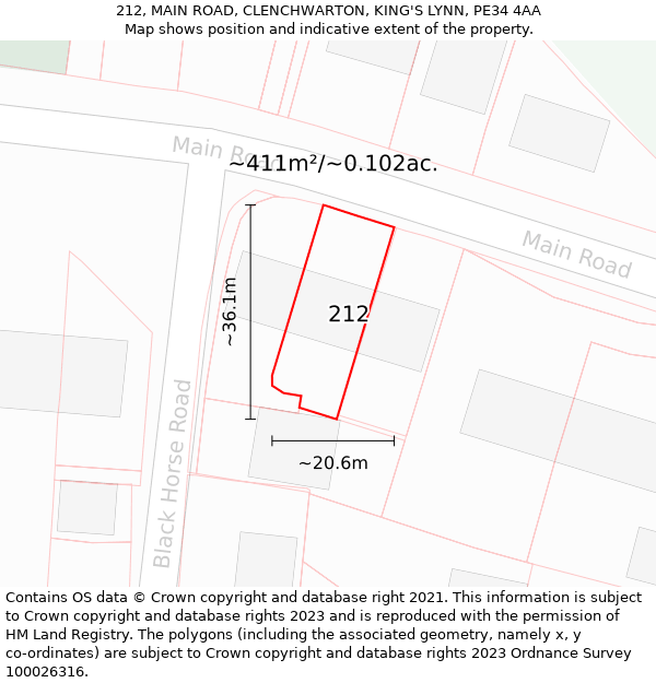 212, MAIN ROAD, CLENCHWARTON, KING'S LYNN, PE34 4AA: Plot and title map