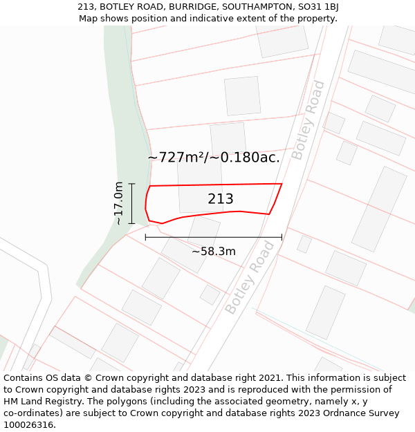 213, BOTLEY ROAD, BURRIDGE, SOUTHAMPTON, SO31 1BJ: Plot and title map