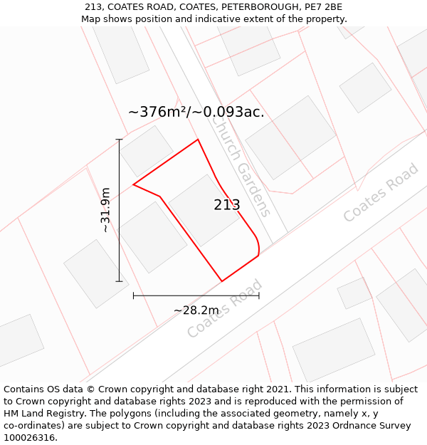 213, COATES ROAD, COATES, PETERBOROUGH, PE7 2BE: Plot and title map