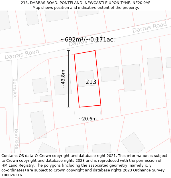 213, DARRAS ROAD, PONTELAND, NEWCASTLE UPON TYNE, NE20 9AF: Plot and title map