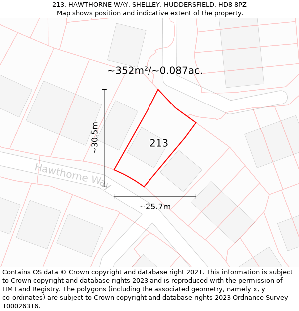 213, HAWTHORNE WAY, SHELLEY, HUDDERSFIELD, HD8 8PZ: Plot and title map