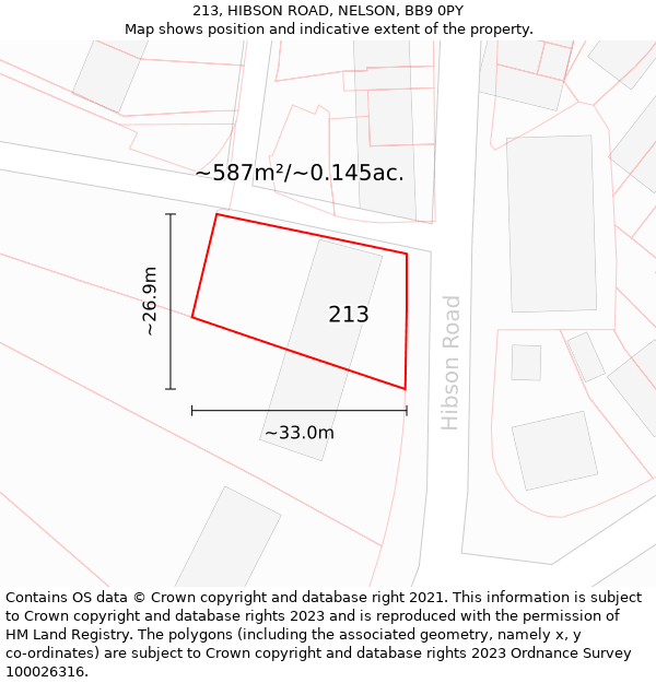 213, HIBSON ROAD, NELSON, BB9 0PY: Plot and title map