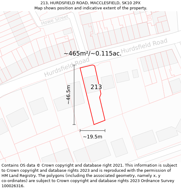 213, HURDSFIELD ROAD, MACCLESFIELD, SK10 2PX: Plot and title map