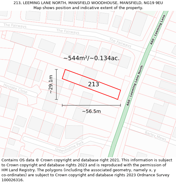 213, LEEMING LANE NORTH, MANSFIELD WOODHOUSE, MANSFIELD, NG19 9EU: Plot and title map