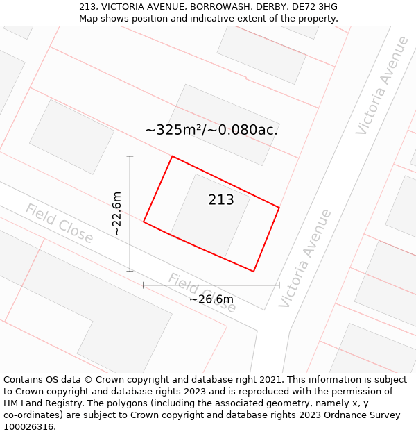 213, VICTORIA AVENUE, BORROWASH, DERBY, DE72 3HG: Plot and title map