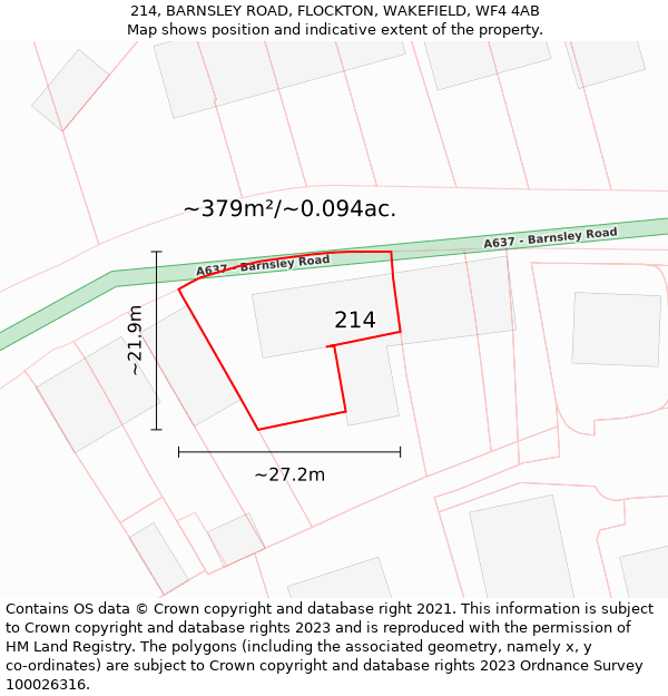 214, BARNSLEY ROAD, FLOCKTON, WAKEFIELD, WF4 4AB: Plot and title map