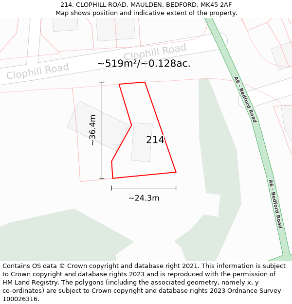 214, CLOPHILL ROAD, MAULDEN, BEDFORD, MK45 2AF: Plot and title map