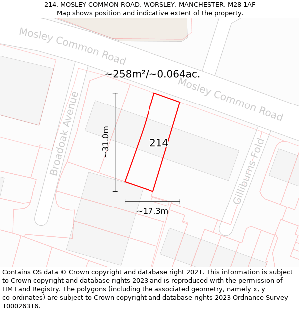 214, MOSLEY COMMON ROAD, WORSLEY, MANCHESTER, M28 1AF: Plot and title map