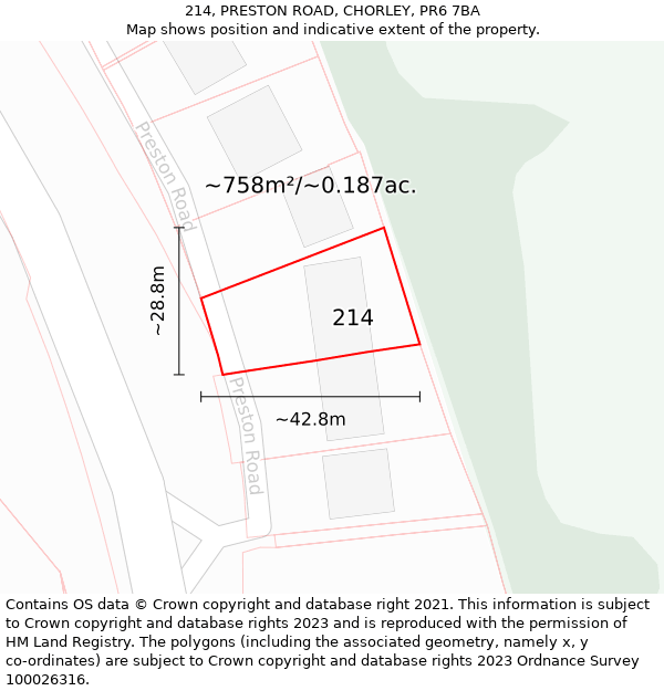 214, PRESTON ROAD, CHORLEY, PR6 7BA: Plot and title map