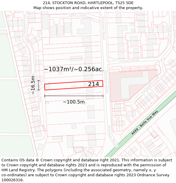 214, STOCKTON ROAD, HARTLEPOOL, TS25 5DE: Plot and title map