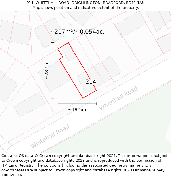 214, WHITEHALL ROAD, DRIGHLINGTON, BRADFORD, BD11 1AU: Plot and title map