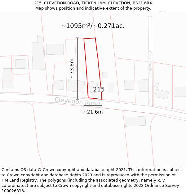 215, CLEVEDON ROAD, TICKENHAM, CLEVEDON, BS21 6RX: Plot and title map