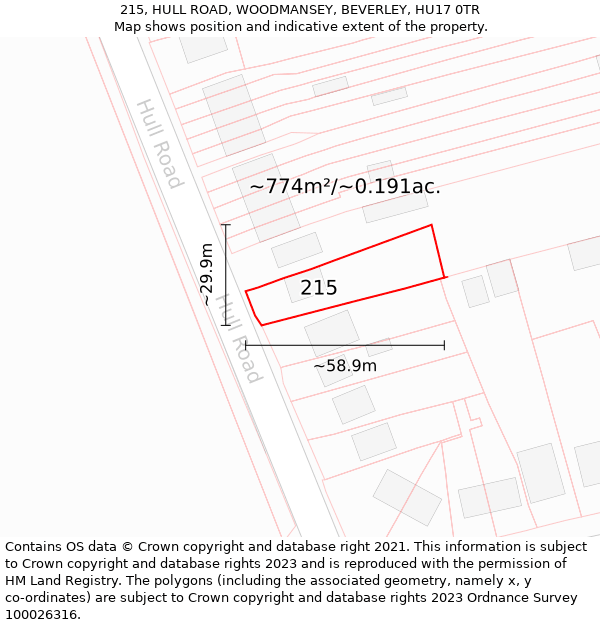 215, HULL ROAD, WOODMANSEY, BEVERLEY, HU17 0TR: Plot and title map