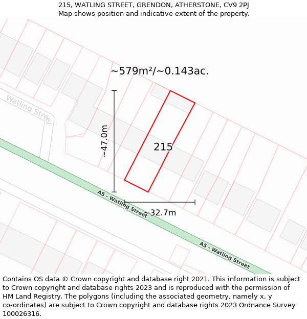 215, WATLING STREET, GRENDON, ATHERSTONE, CV9 2PJ: Plot and title map