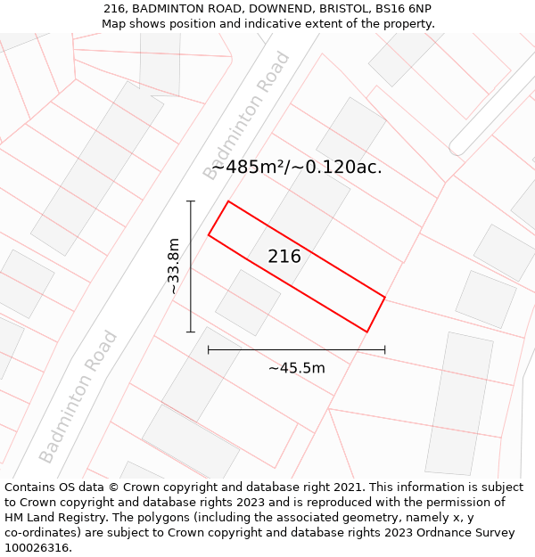216, BADMINTON ROAD, DOWNEND, BRISTOL, BS16 6NP: Plot and title map