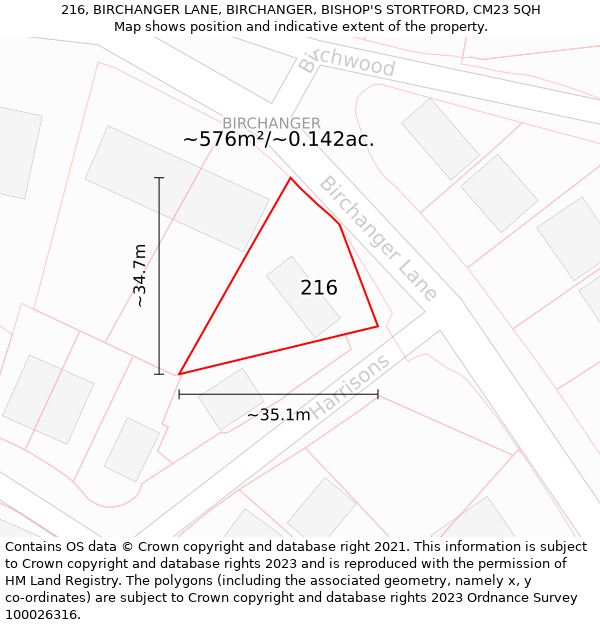 216, BIRCHANGER LANE, BIRCHANGER, BISHOP'S STORTFORD, CM23 5QH: Plot and title map