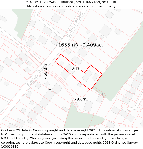 216, BOTLEY ROAD, BURRIDGE, SOUTHAMPTON, SO31 1BL: Plot and title map