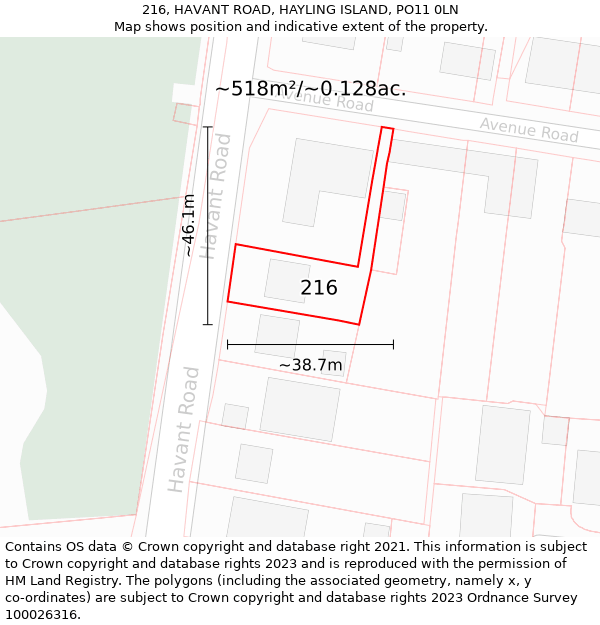 216, HAVANT ROAD, HAYLING ISLAND, PO11 0LN: Plot and title map