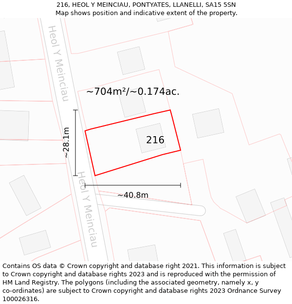 216, HEOL Y MEINCIAU, PONTYATES, LLANELLI, SA15 5SN: Plot and title map