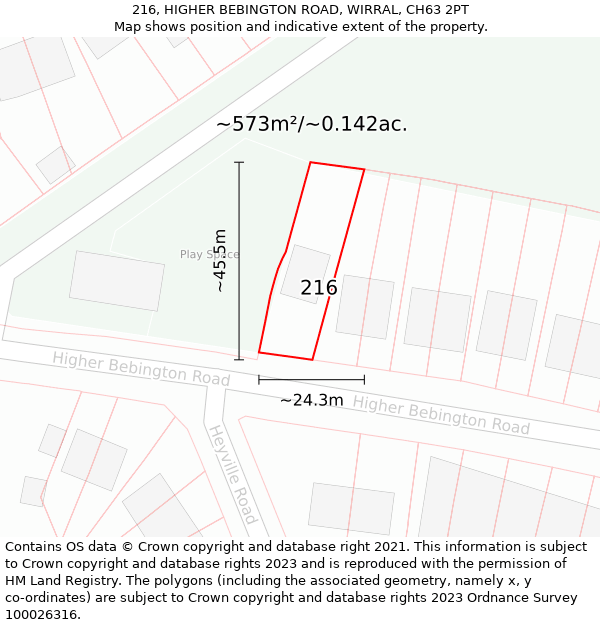 216, HIGHER BEBINGTON ROAD, WIRRAL, CH63 2PT: Plot and title map