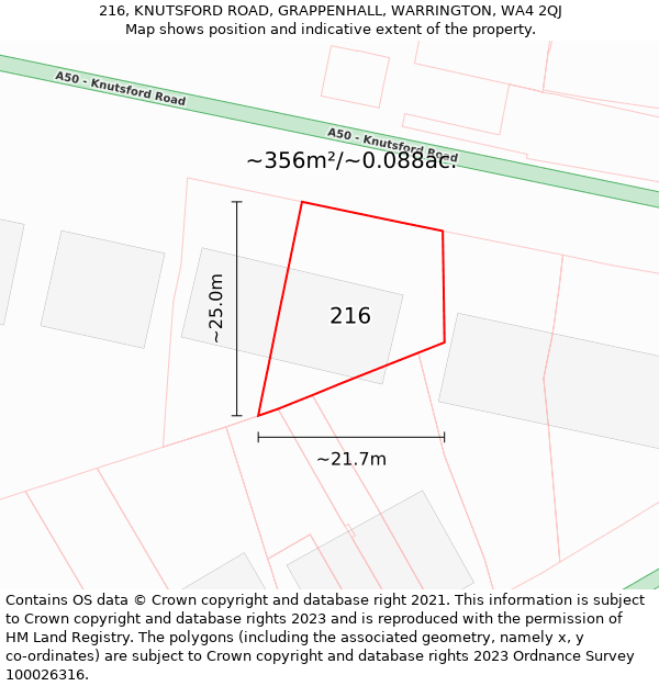 216, KNUTSFORD ROAD, GRAPPENHALL, WARRINGTON, WA4 2QJ: Plot and title map