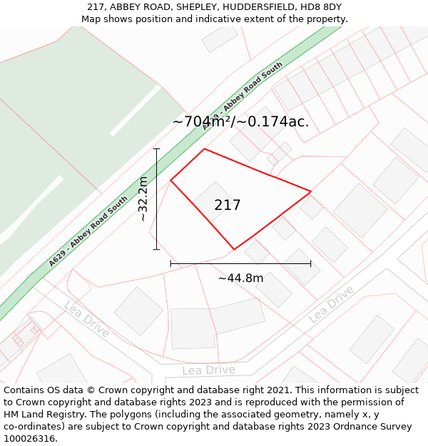 217, ABBEY ROAD, SHEPLEY, HUDDERSFIELD, HD8 8DY: Plot and title map