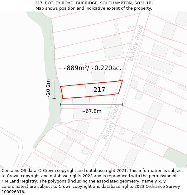 217, BOTLEY ROAD, BURRIDGE, SOUTHAMPTON, SO31 1BJ: Plot and title map