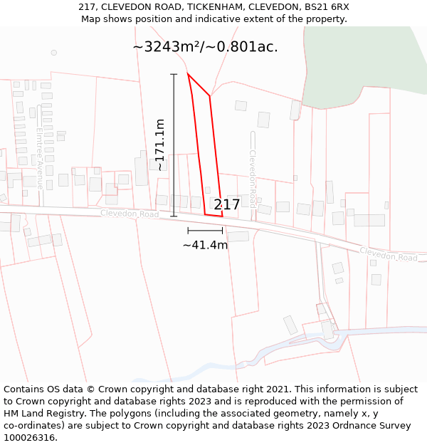 217, CLEVEDON ROAD, TICKENHAM, CLEVEDON, BS21 6RX: Plot and title map