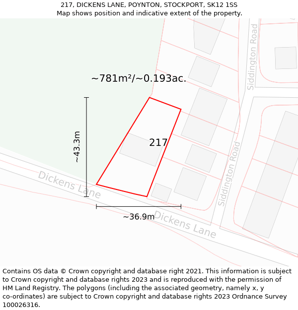 217, DICKENS LANE, POYNTON, STOCKPORT, SK12 1SS: Plot and title map