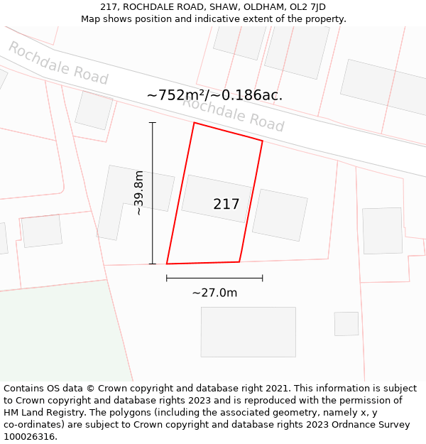 217, ROCHDALE ROAD, SHAW, OLDHAM, OL2 7JD: Plot and title map