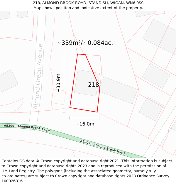 218, ALMOND BROOK ROAD, STANDISH, WIGAN, WN6 0SS: Plot and title map