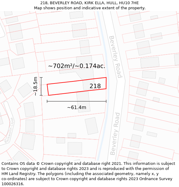 218, BEVERLEY ROAD, KIRK ELLA, HULL, HU10 7HE: Plot and title map