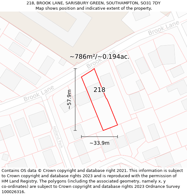 218, BROOK LANE, SARISBURY GREEN, SOUTHAMPTON, SO31 7DY: Plot and title map