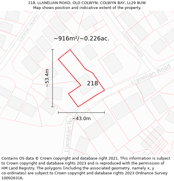 218, LLANELIAN ROAD, OLD COLWYN, COLWYN BAY, LL29 8UW: Plot and title map