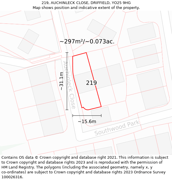 219, AUCHINLECK CLOSE, DRIFFIELD, YO25 9HG: Plot and title map