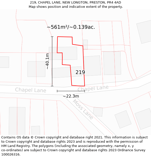 219, CHAPEL LANE, NEW LONGTON, PRESTON, PR4 4AD: Plot and title map