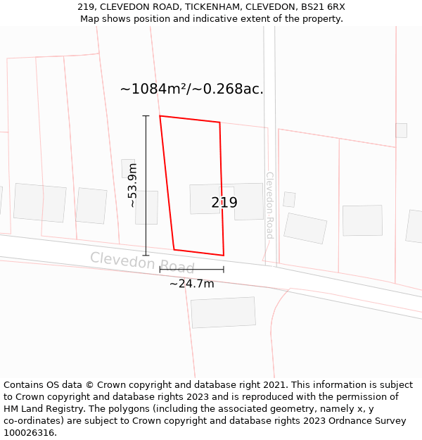 219, CLEVEDON ROAD, TICKENHAM, CLEVEDON, BS21 6RX: Plot and title map