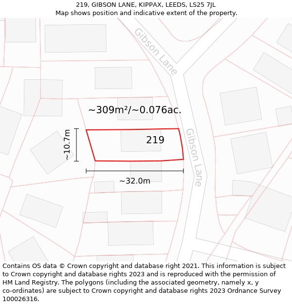 219, GIBSON LANE, KIPPAX, LEEDS, LS25 7JL: Plot and title map