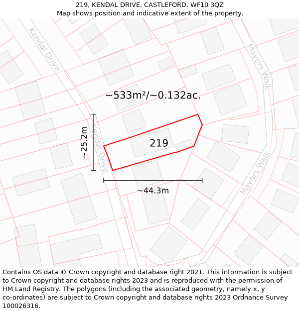 219, KENDAL DRIVE, CASTLEFORD, WF10 3QZ: Plot and title map