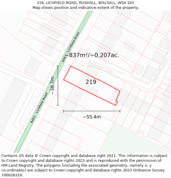 219, LICHFIELD ROAD, RUSHALL, WALSALL, WS4 1EA: Plot and title map