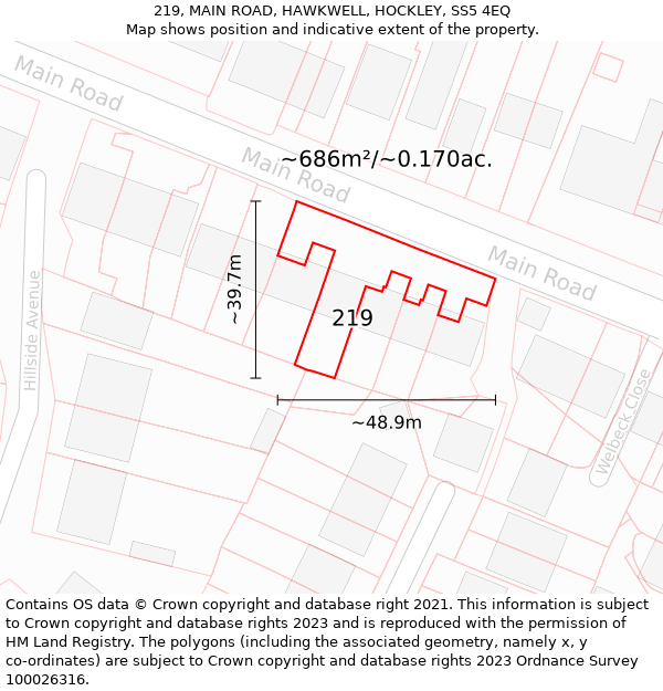 219, MAIN ROAD, HAWKWELL, HOCKLEY, SS5 4EQ: Plot and title map