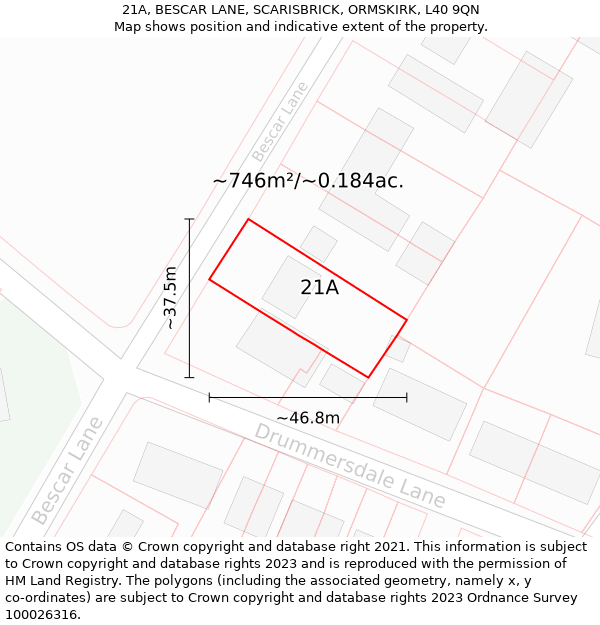 21A, BESCAR LANE, SCARISBRICK, ORMSKIRK, L40 9QN: Plot and title map