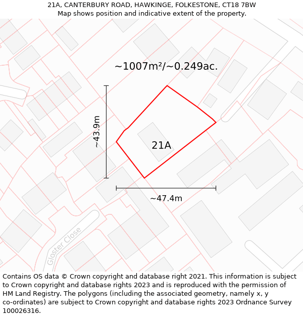 21A, CANTERBURY ROAD, HAWKINGE, FOLKESTONE, CT18 7BW: Plot and title map