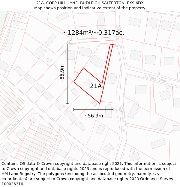 21A, COPP HILL LANE, BUDLEIGH SALTERTON, EX9 6DX: Plot and title map